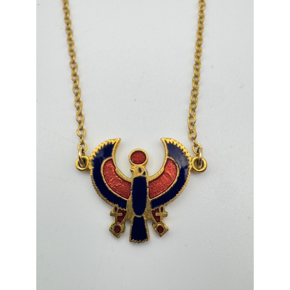 Vintage Egyptian Necklace MMA 1976 Falcon Horus Enamel Winged Gold Tone